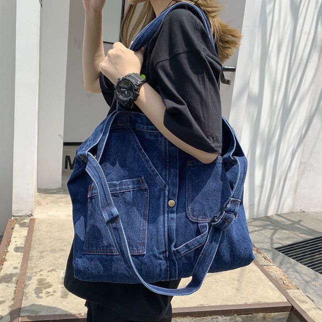 牛仔帆布包大容量復古斜挎單肩包女小眾風輕便外出上班短途旅行包