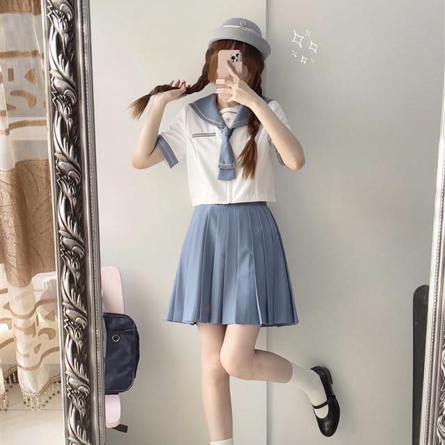 Jk原创桜时川水手服女学生夏服短袖jk制服套装日系百褶裙正统 虎窝拼