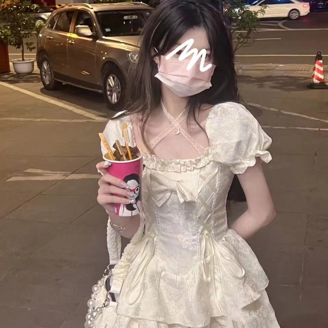 日系奶甜小個子蝴蝶結方口領連衣裙女學生夏季收腰短款公主蓬蓬裙