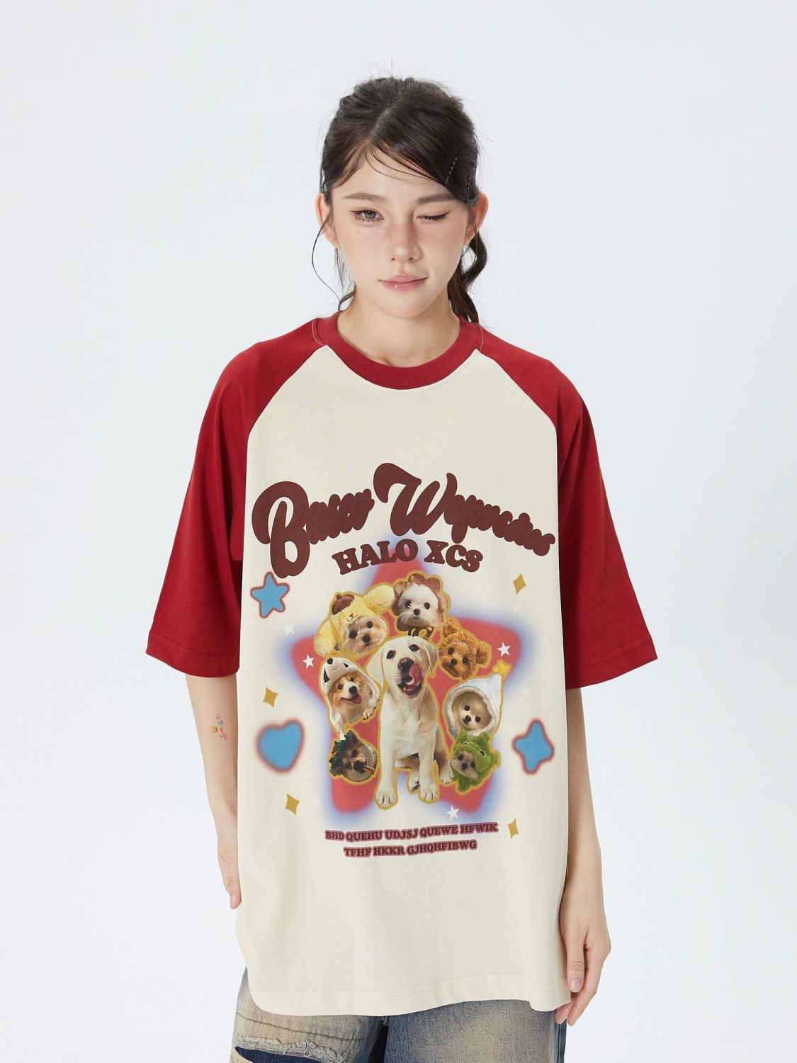美式復古卡通小狗印花插肩拼接短袖t恤男女夏季寬鬆情侶純棉上衣