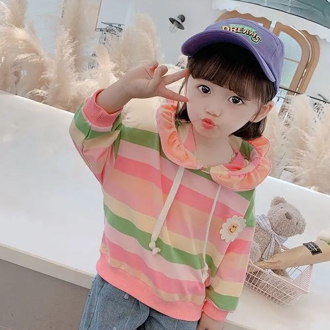 Girls rainbow sweater girl baby autumn and winter clothes 2022 new small and medium children's foreign style hooded Korean version of the clothes trend