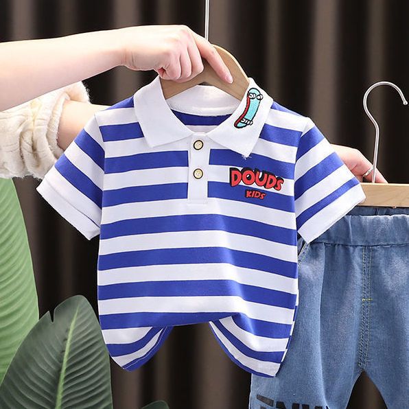 Cotton short-sleeved male baby 2022 summer new striped printed polo shirt lapel top thin section bottoming shirt tide