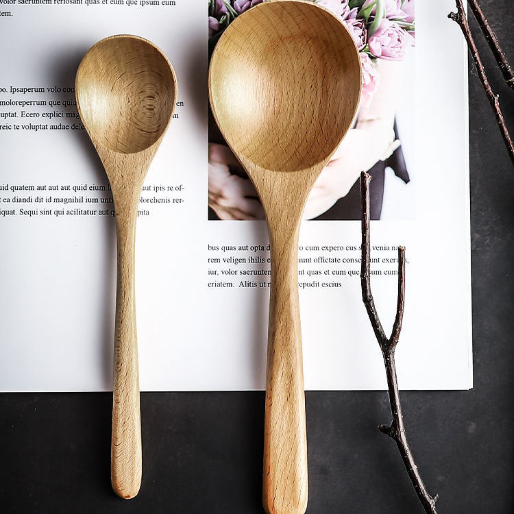 Japanese-style creative beech wood long handle solid wood spoon home unpainted small spoon porridge spoon kitchen wooden spoon large wooden spoon