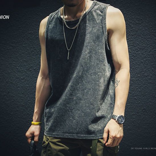 Cotton vest men's summer loose old washed Hong Kong style retro vest t-shirt outerwear sports fashion sleeveless tide