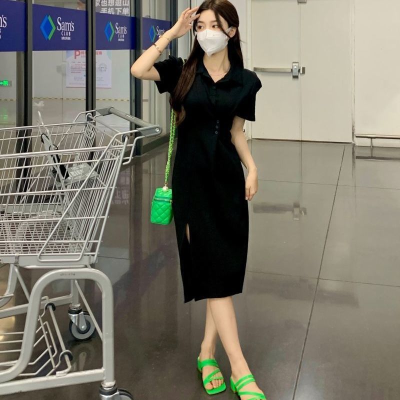 Salt style POLO collar short-sleeved dress women's design sense slit waist waist look thin mid-length bag hip skirt ins trend