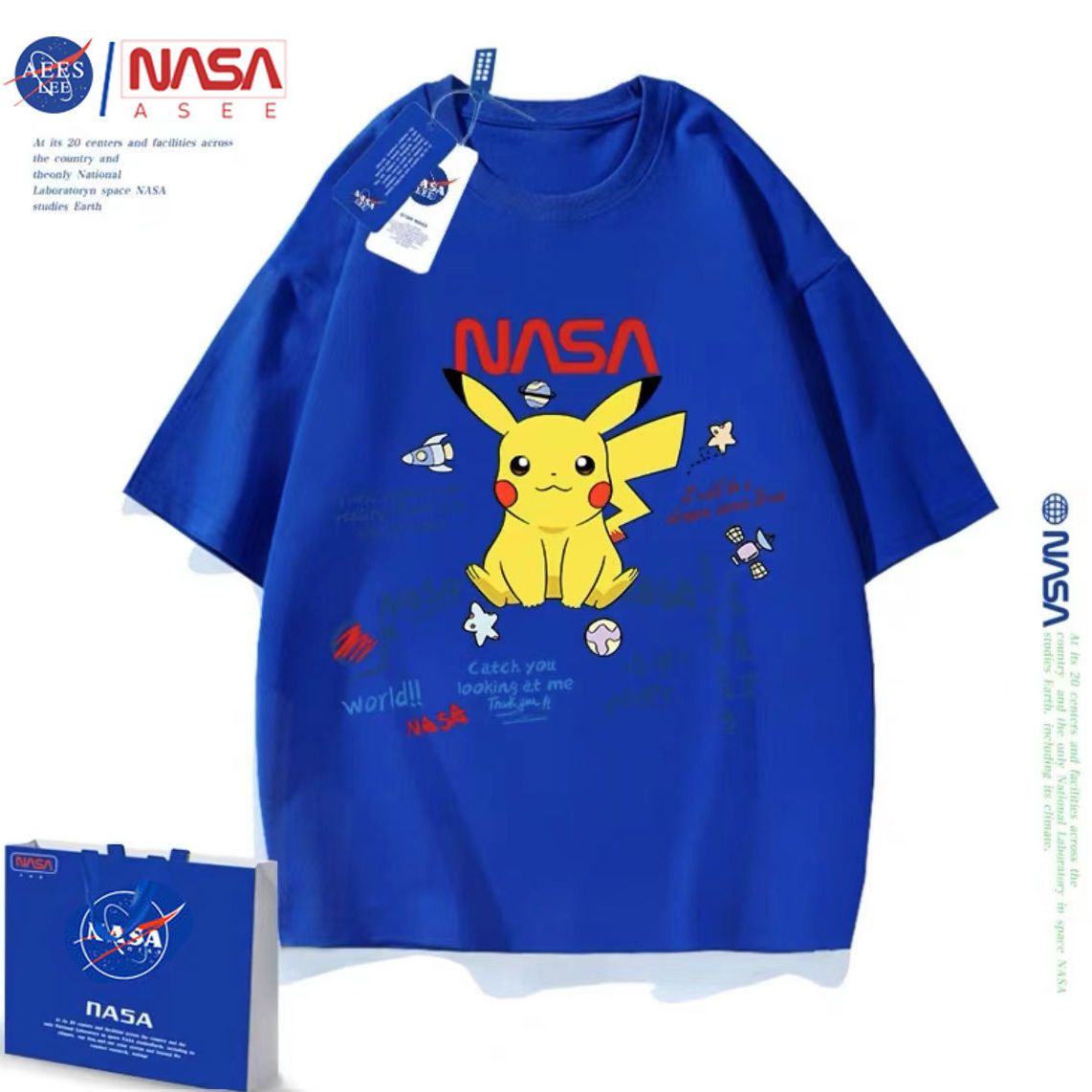 NASAAES joint cotton cartoon Pikachu short-sleeved parent-child outfit boys and girls Klein blue T-shirt half-sleeved top