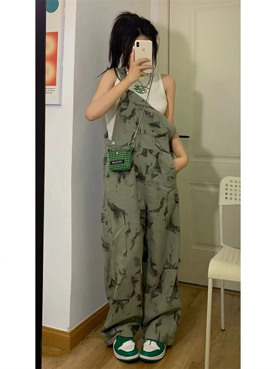 Large size tie-dye denim overalls women's  autumn and summer ins new fat mm loose and thin straight jumpsuit trend
