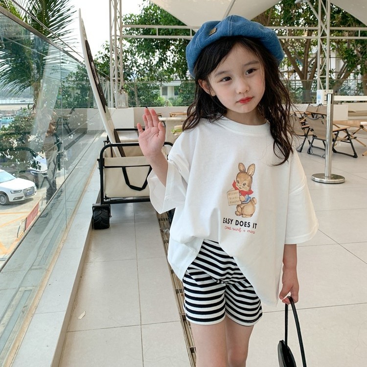 Children's clothing girls' suit 2023 new Korean version of pure cotton t foreign style short-sleeved top children's casual shorts two-piece set