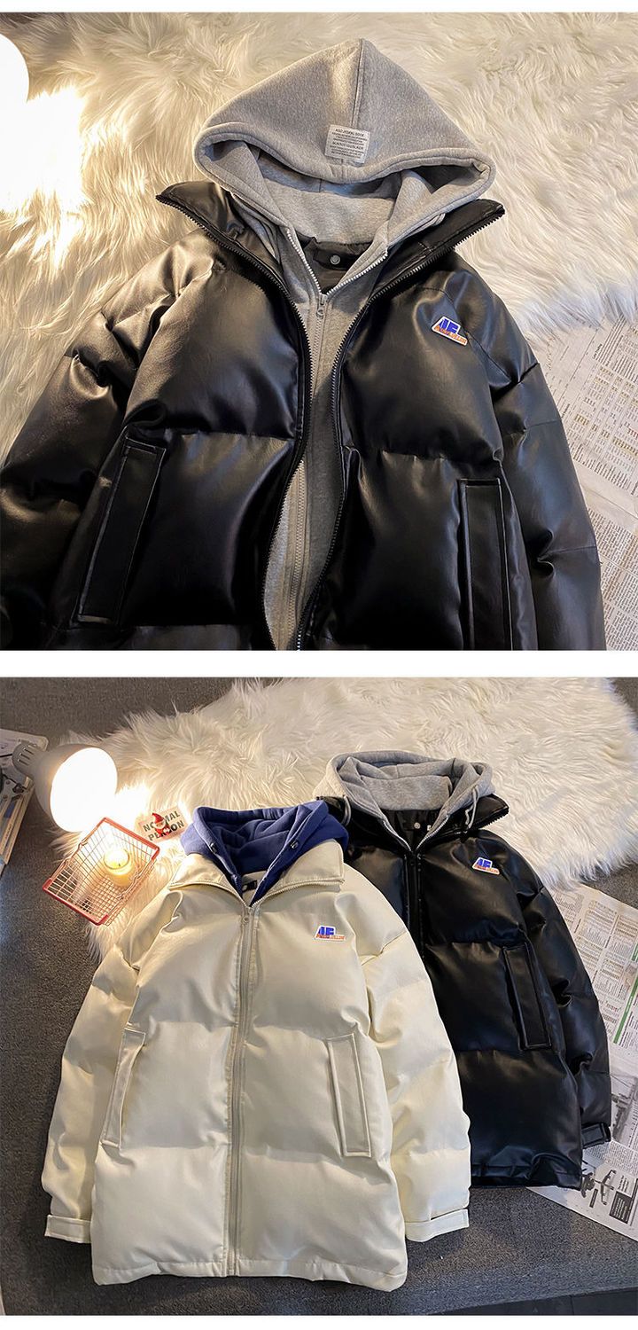 Fake two cotton-padded coats for men pu leather clothing trend autumn and winter cotton-padded coats thickened warm cotton-padded coats for men_voghion.com