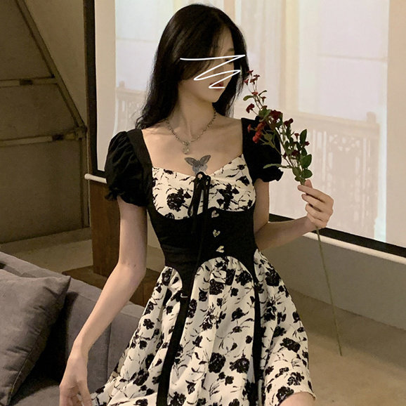 French Hepburn style retro fake two-piece rose floral dress female waist slimming all-match tea break skirt tide