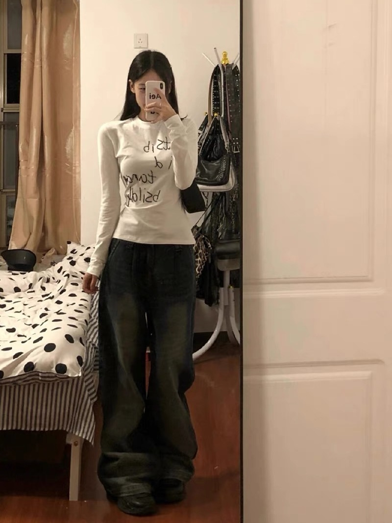 美式復古正肩長袖t恤女春秋冬內搭打底衫設計感小眾辣妹緊身上衣