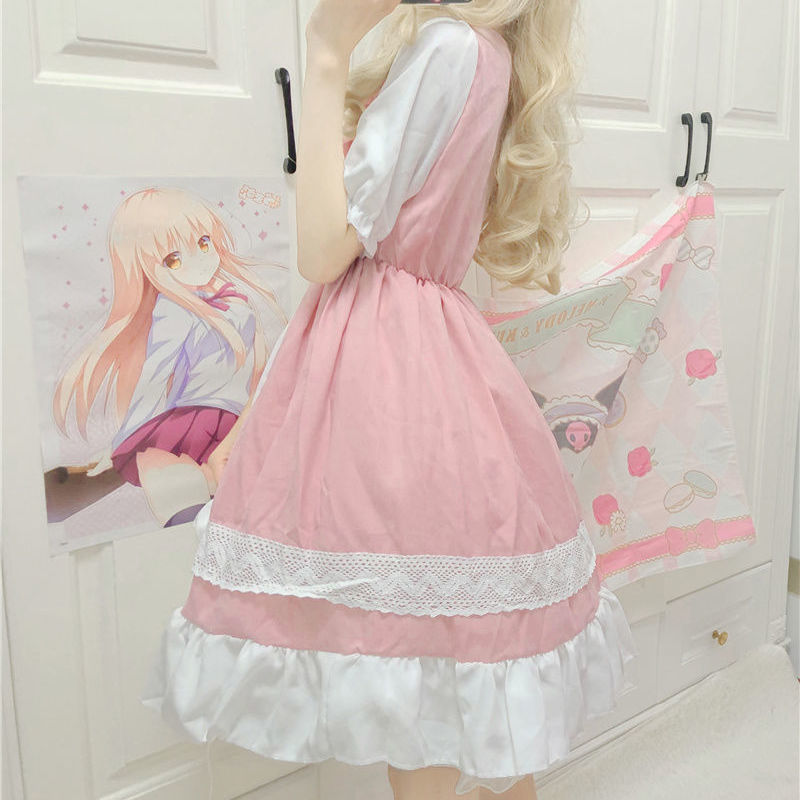 Japanese soft girl lolita bow girl daily loli splicing dress