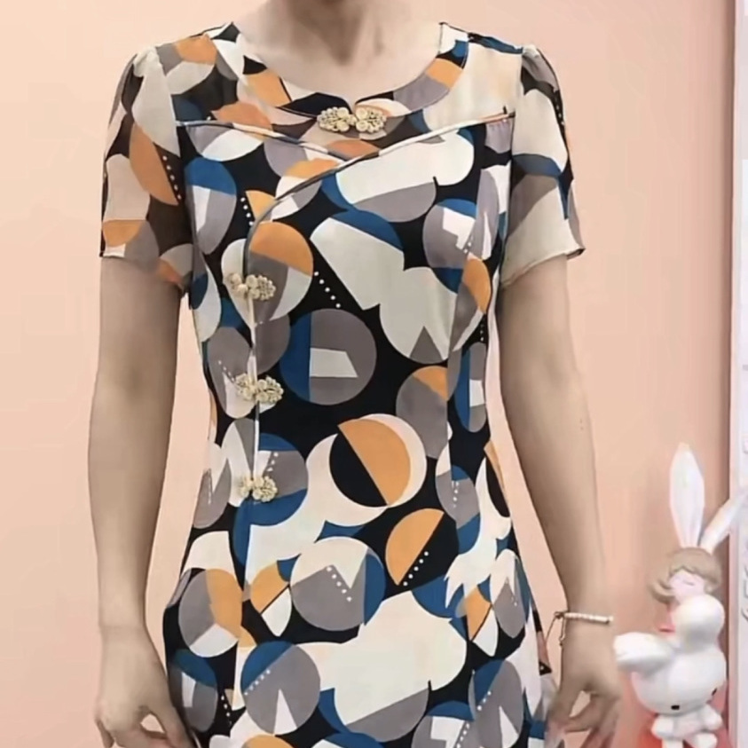新中式國風冰絲緞改良版旗袍連衣裙2023新款女裝夏季短袖高檔裙子