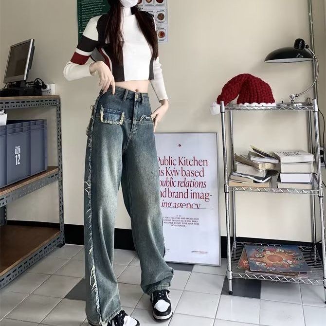 American retro jeans trousers for women spring and autumn  new loose slimming age-reducing straight wide-leg floor-length pants