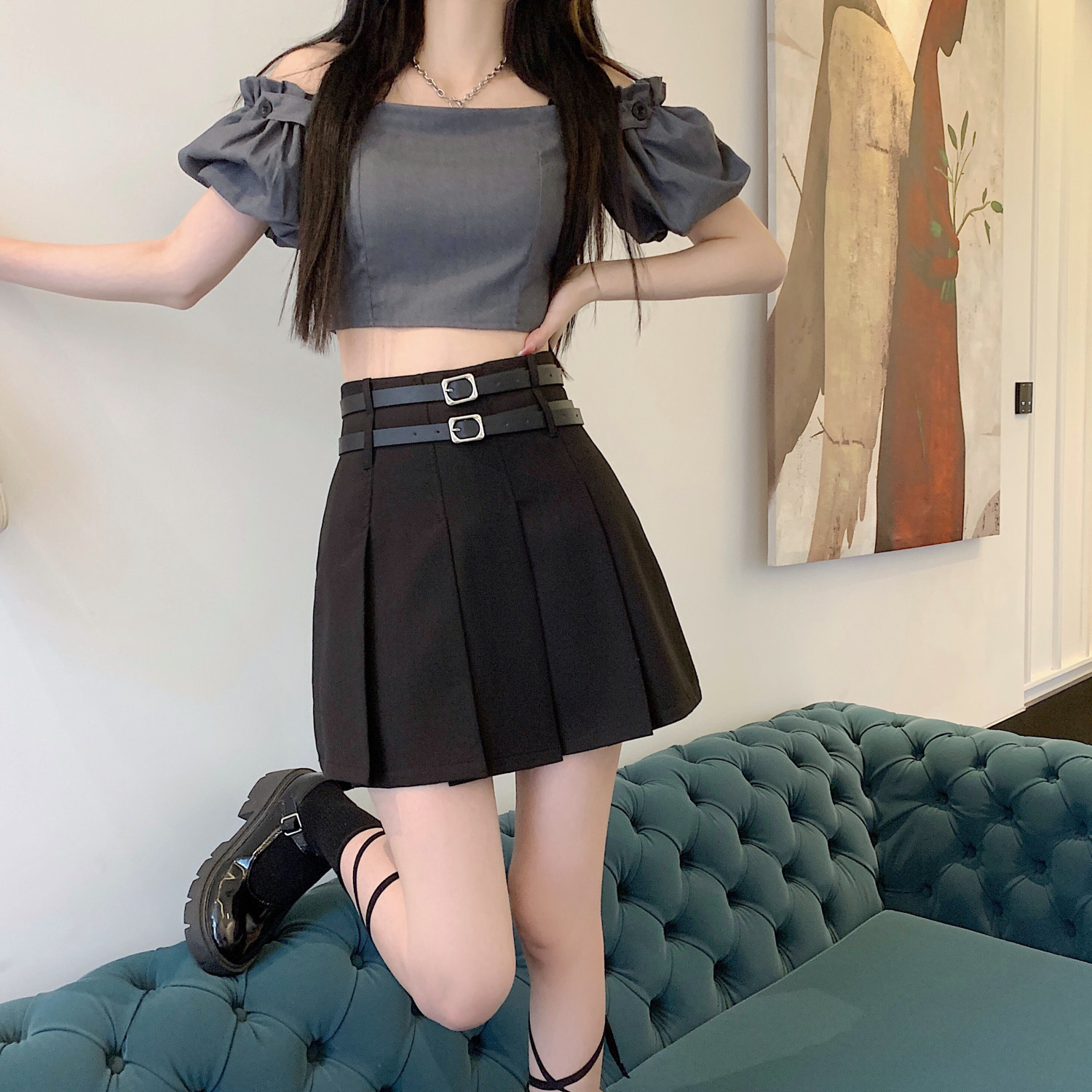 Matching Belt Grey Pleated Skirt A-line Half length Dress  Summer New High Waist Slim Skirt Anti glare Short Skirt