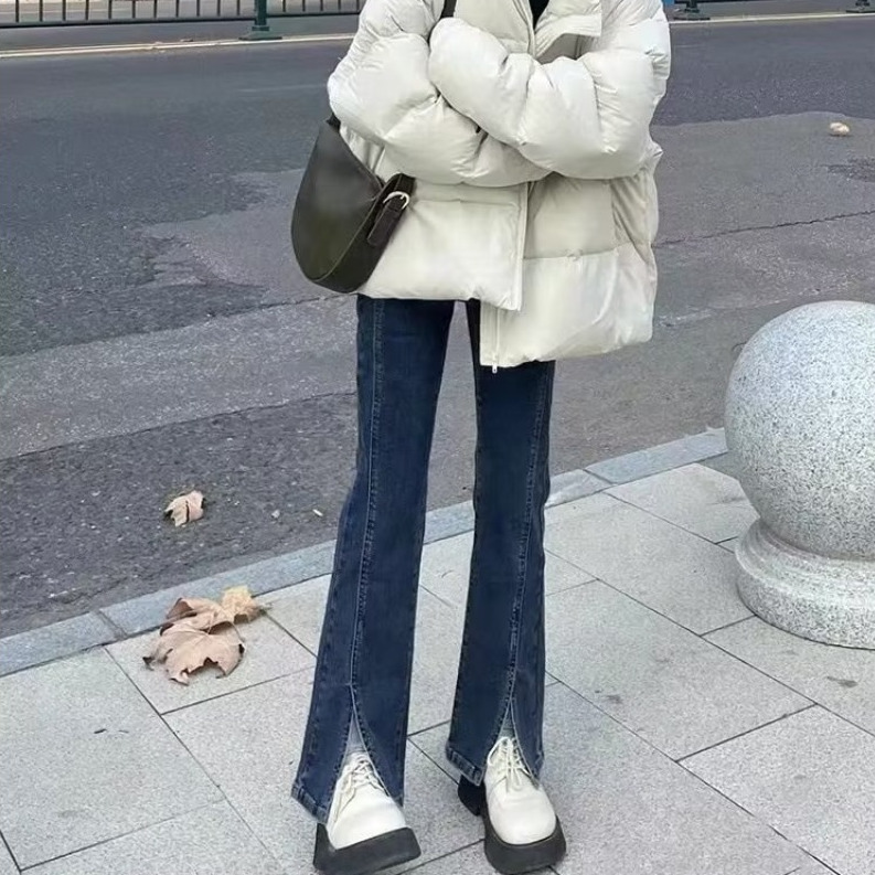 彈力開叉牛仔褲女直筒秋冬修身顯瘦大碼胖mm高腰微喇闊腿褲子小眾