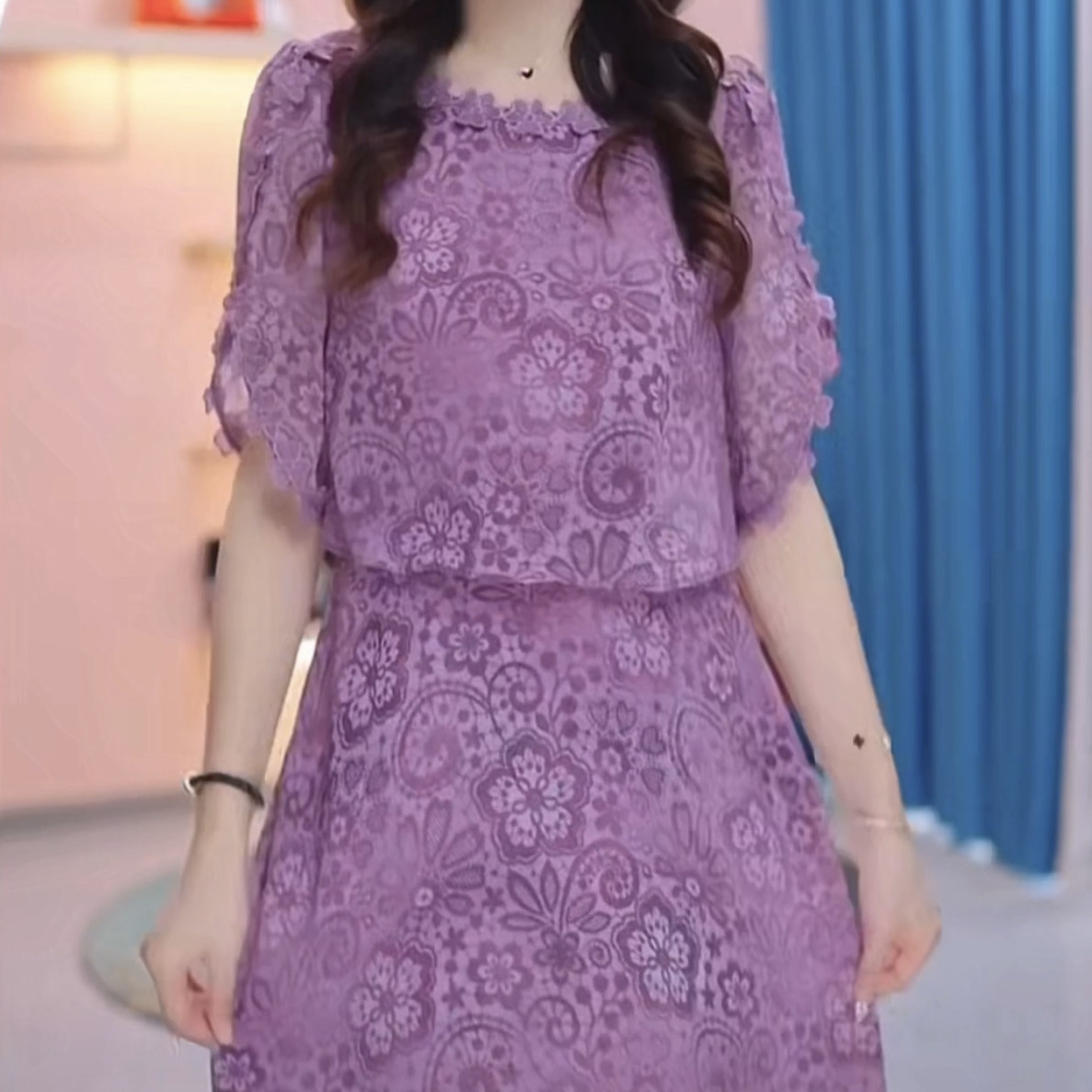 高檔洋氣輕羽絲連衣裙2023新款女夏季短袖輕奢顯瘦假兩件套裝裙子