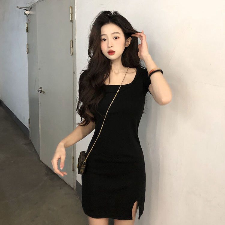 Pure desire style square collar black dress women's high-end sense of self-cultivation small black dress slim slim hip skirt short-sleeved skirt