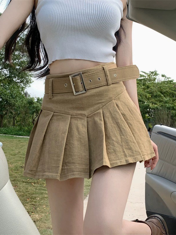 Matching Belt Spicy Girl High Waist Half Skirt Female Small Summer Small Figure Short and Slim A-line Skirt 100 Pleated Skirt ins