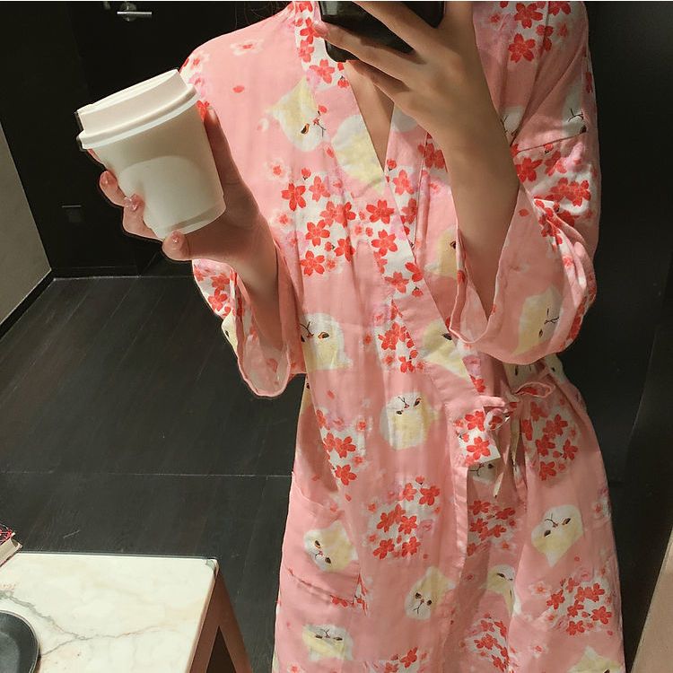 Zhang Dayi net red same style Japanese girl kimono pajamas women's long-sleeved  autumn new sweet nightgown bathrobe