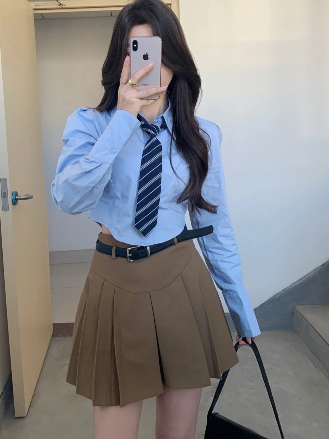 大碼美式藍色短款襯衫春辣妹純欲不規則襯衣上衣歐昂mm百褶裙套裝