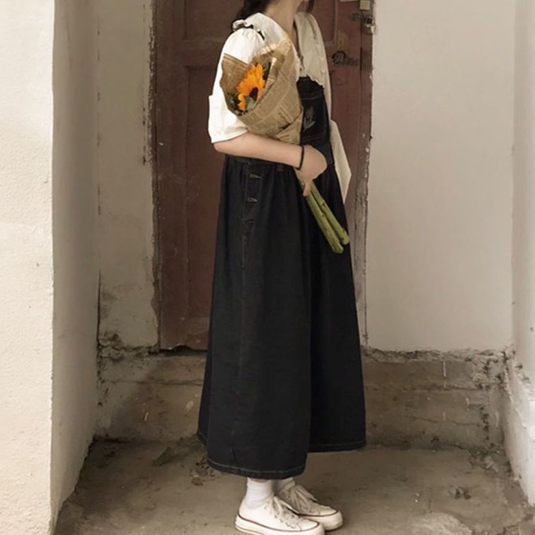 牛仔背帶裙可愛女小個子長裙腳踝森系學生可甜可鹽學院風連衣裙女