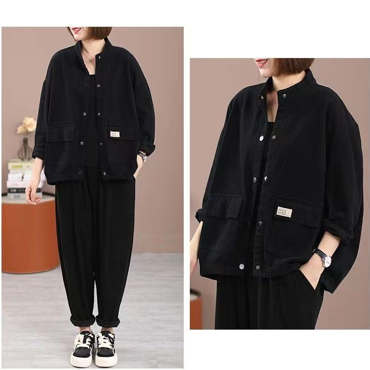 Pure cotton stand collar workwear women's casual jacket  new spring, autumn and winter loose large size short cardigan jacket