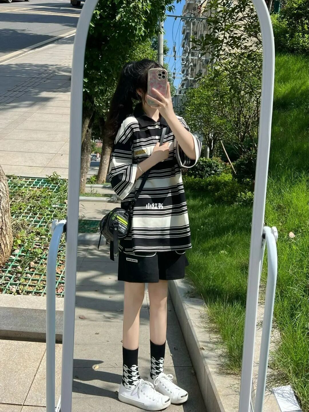 美式復古國潮牌黑白條紋翻領短袖T恤女夏季ins寬鬆百搭POLO衫上衣