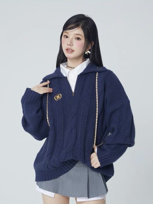 慵懶風翻領套頭麻花毛衣女秋冬季2023新款寬鬆顯瘦粗線針織衫上衣