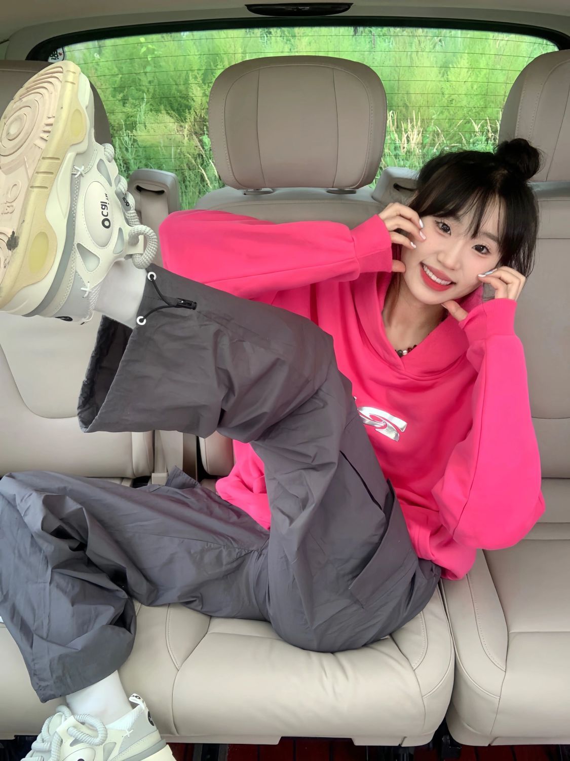 國潮美式復古hiphop玫紅色連帽衛衣女新款春秋oversize藝術生帽衫