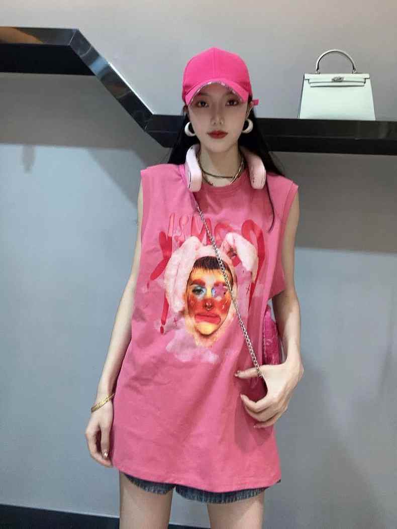 美式復古塗鴉小丑純棉背心女2023夏寬鬆街頭潮牌無袖t恤坎肩上衣