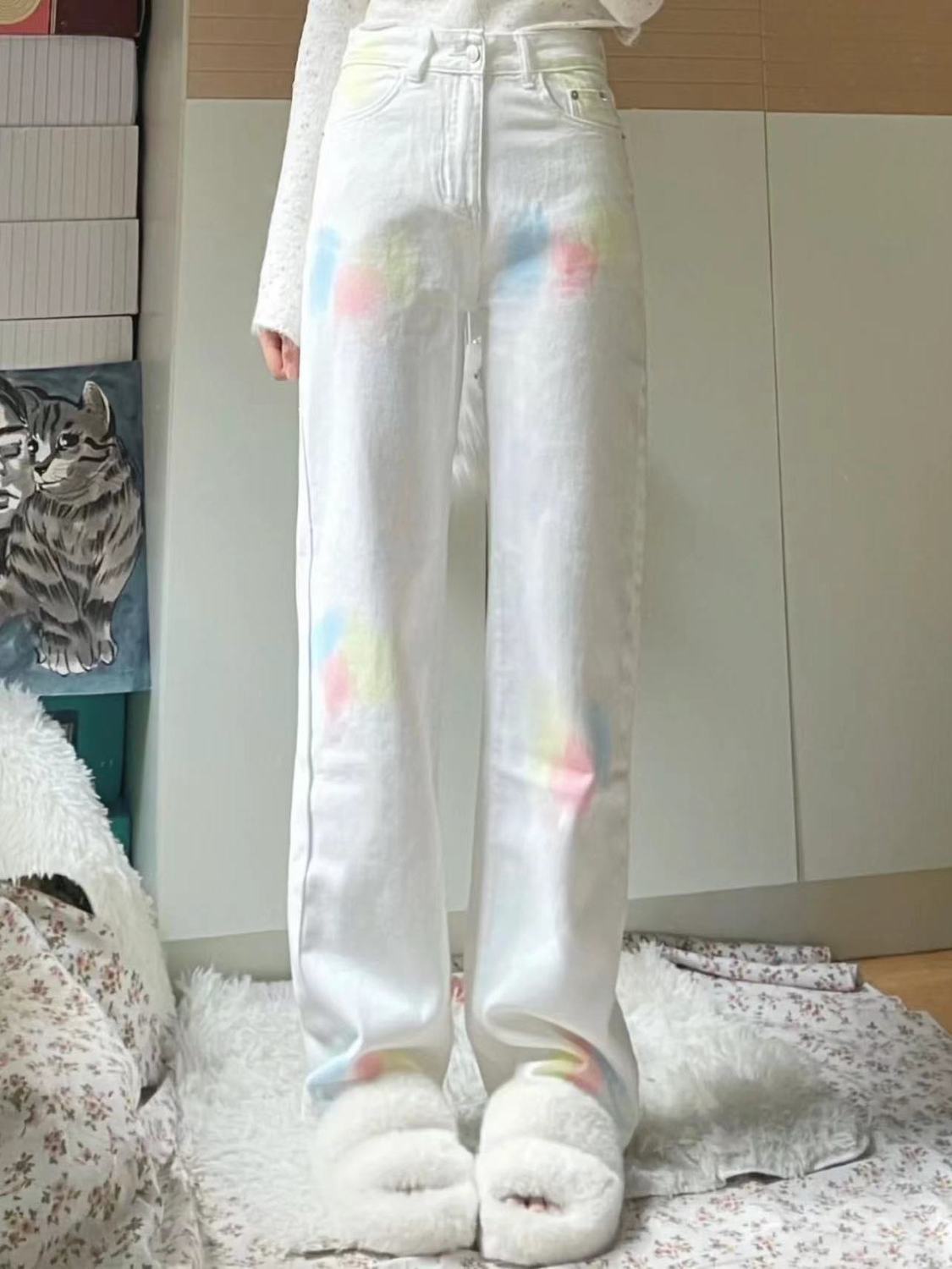 高街辣妹白色扎染塗鴉牛仔褲女秋季高腰設計感寬鬆顯瘦直筒拖地褲