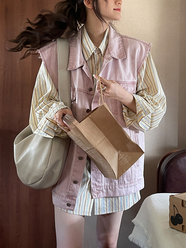Two-piece suit, sweet retro, high-quality, old washed oversize denim jacket, schoolgirl striped shirt