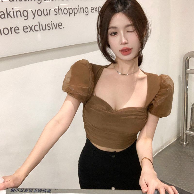 法式網紗泡泡袖襯衫女夏季甜辣妹方領修身短袖褶皺設計感小眾上衣