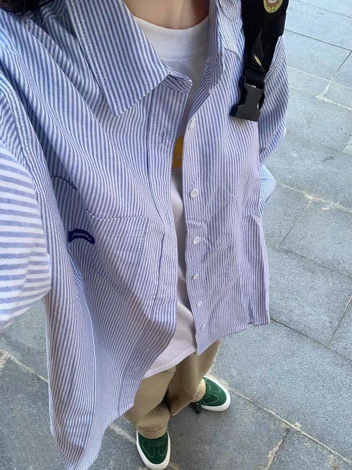 夏季復古條紋襯衫外穿女小個子寬鬆休閒防曬衫港風復古chic上衣潮