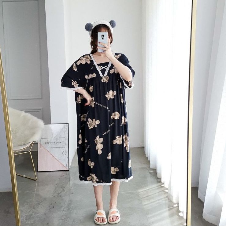 Large size nightdress fat mm2-300 catties long loose short-sleeved bear print can be worn outside pajamas home clothes women 260