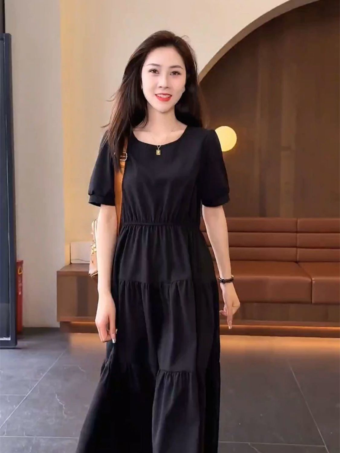 Xiaozi short-sleeved dress women's mid-length  new temperament slim waist fashion high waist loose casual skirt