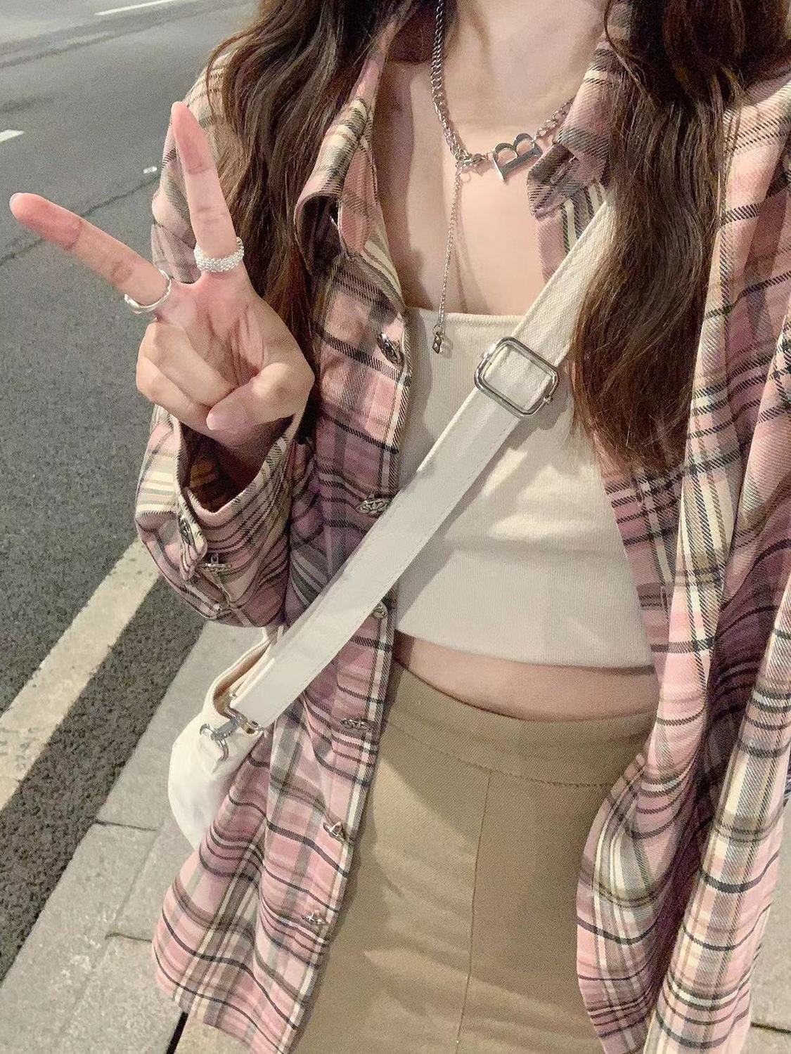 春季粉色格紋襯衫女日系甜美襯衣開衫外穿高級感長袖上衣寬鬆外套