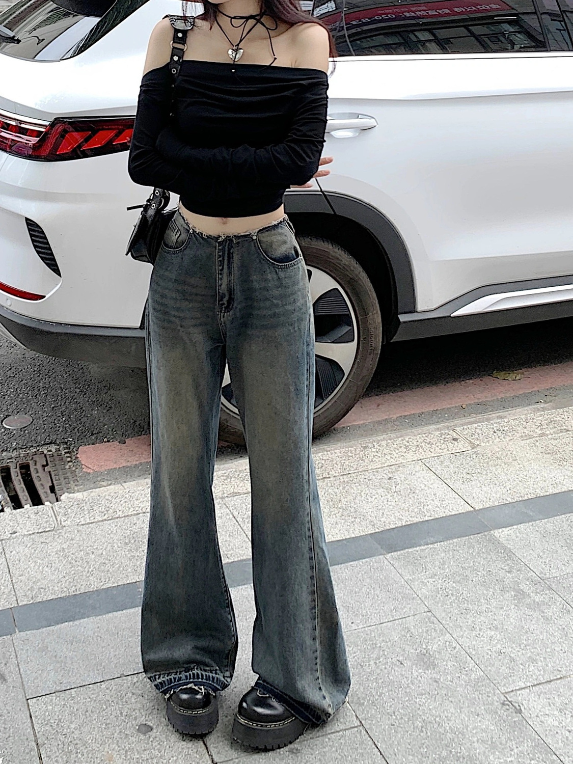 辣妹低腰微喇叭闊腿牛仔褲女復古做舊顯瘦毛邊垂感直筒加長拖地褲