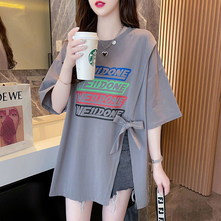 Large size women's fat mm2-300 catties short-sleeved t-shirt women's summer loose irregular bow half-sleeved student top