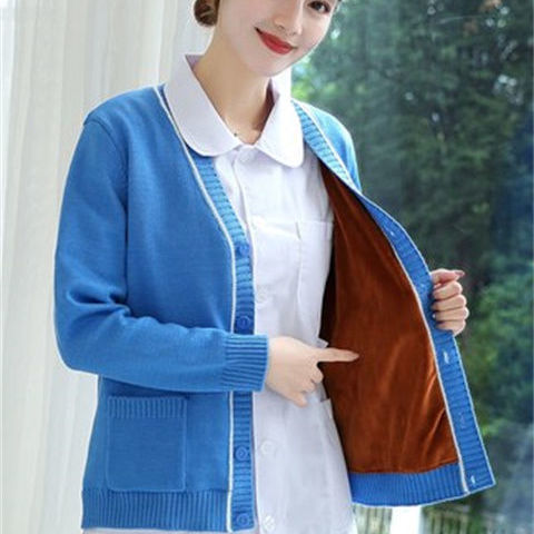 护士毛衣女外套开衫新款藏蓝色护士服针织衫外搭秋冬季加绒加厚