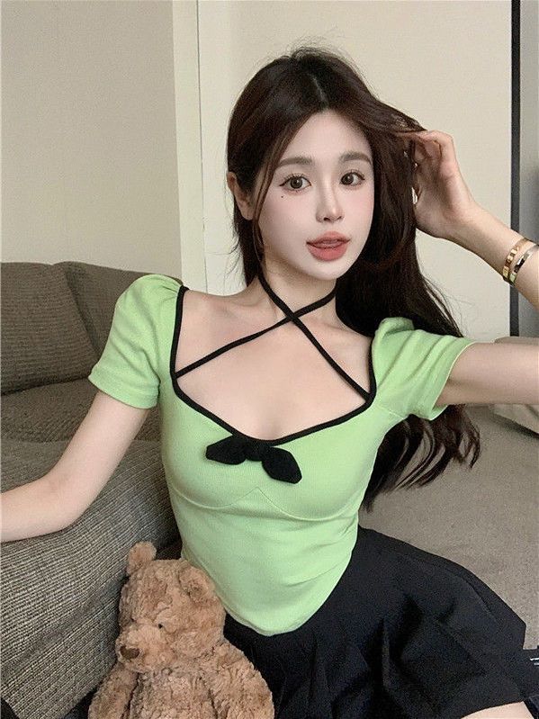 Hot girl bow halterneck short-sleeved T-shirt women's summer pure lust pink square neck slim design niche top