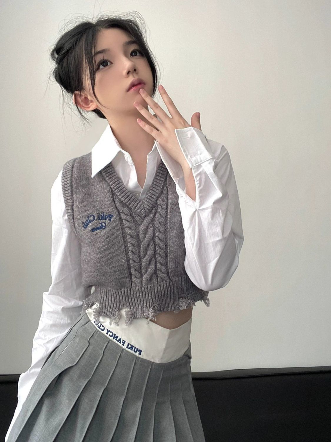 兩件套裝春秋新款日系可愛短款針織毛衣疊穿馬甲背心+休閒襯衣女