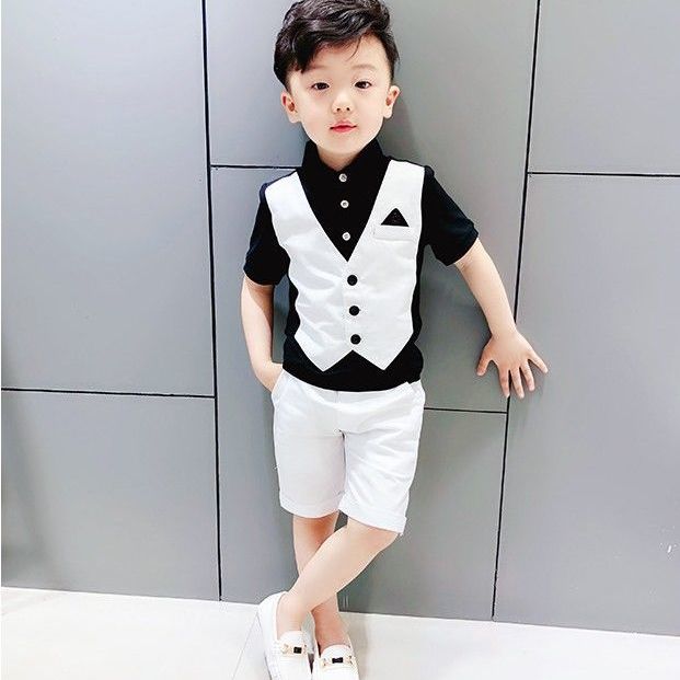 Children's short sleeve suit, boys' vest fake two-piece suit, flower girl dress, short sleeve shirt suit, summer two-piece suit