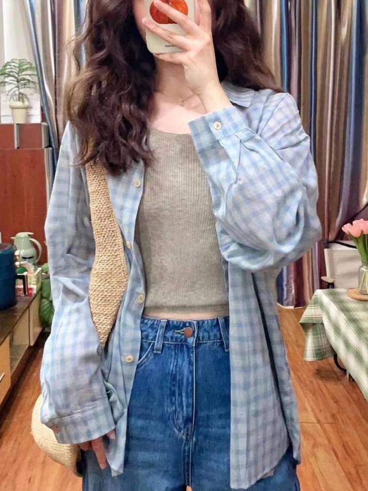 霧藍色薄款防曬襯衫女夏季新款日系小清新上衣寬鬆百搭襯衣開衫潮