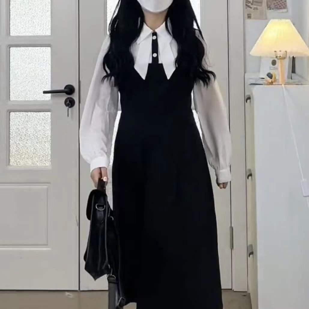 春秋大碼拼接撞色高級感連衣裙胖mm甜美減齡收腰顯瘦氣質初戀長裙