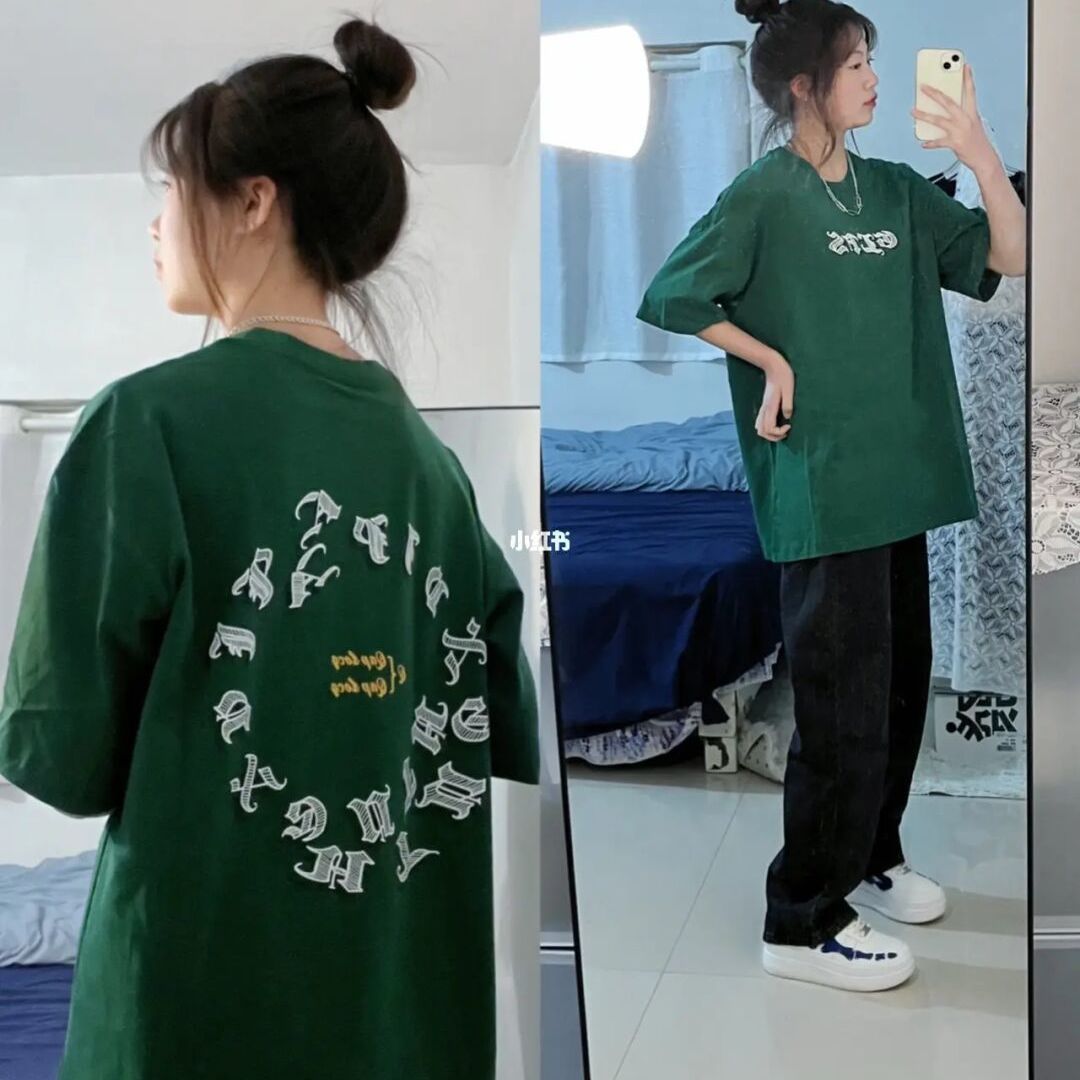 Dark green t-shirt slimming American street tide brand short-sleeved men and women ins national tide loose high street couple half-sleeved top