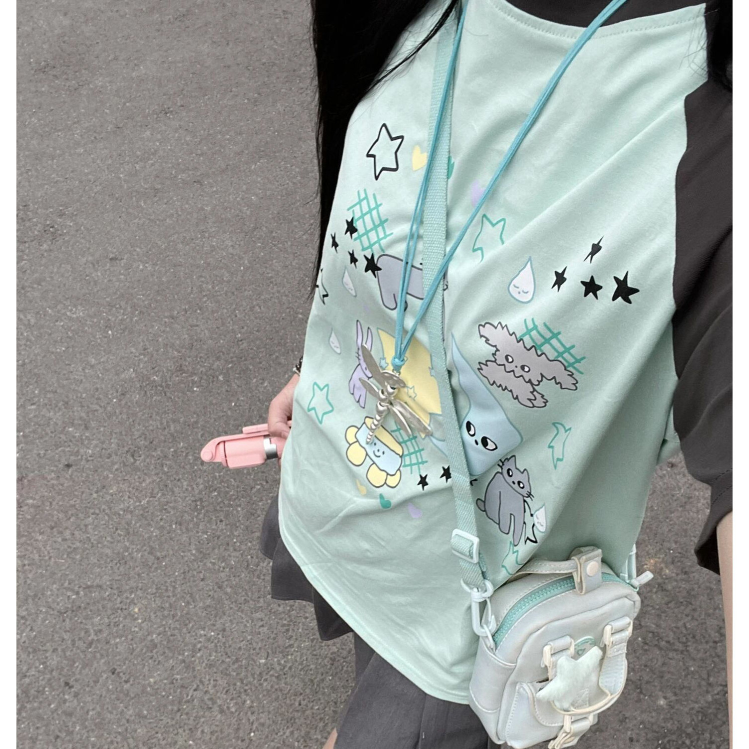 100% cotton American retro T-shirt cartoon printed short-sleeved T-shirt female summer student sweet and clear INS top