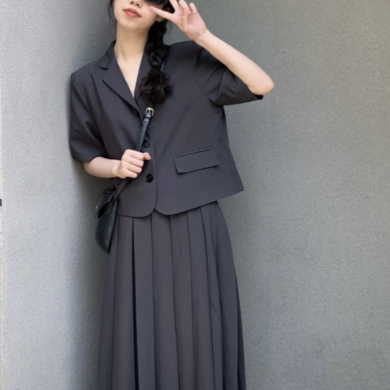 西装套装女夏短袖薄款韩版半身裙百褶裙小个子灰色韩系复古两件套