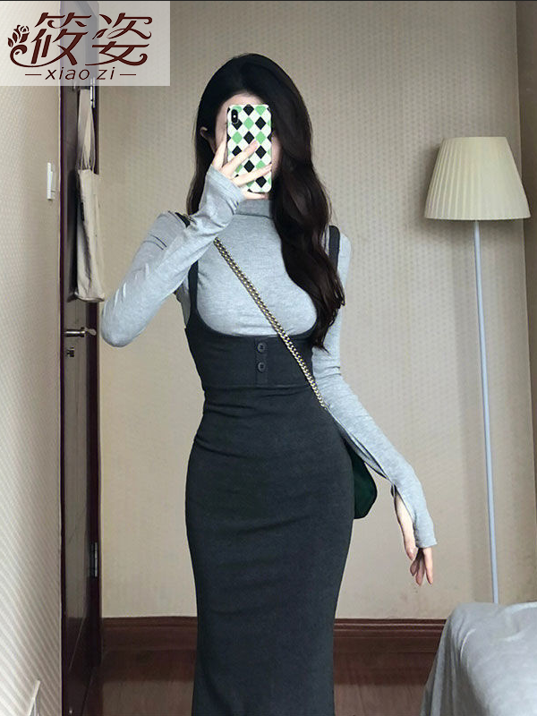 筱姿長袖吊帶連衣裙女韓版2023新款法式高級感背帶裙子兩件套裝女